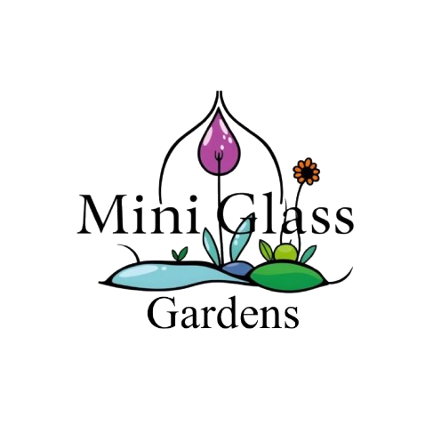 Mini glass gardens logo Logo featuring a pink flower, green hills, and the text "Mini Glass Gardens".